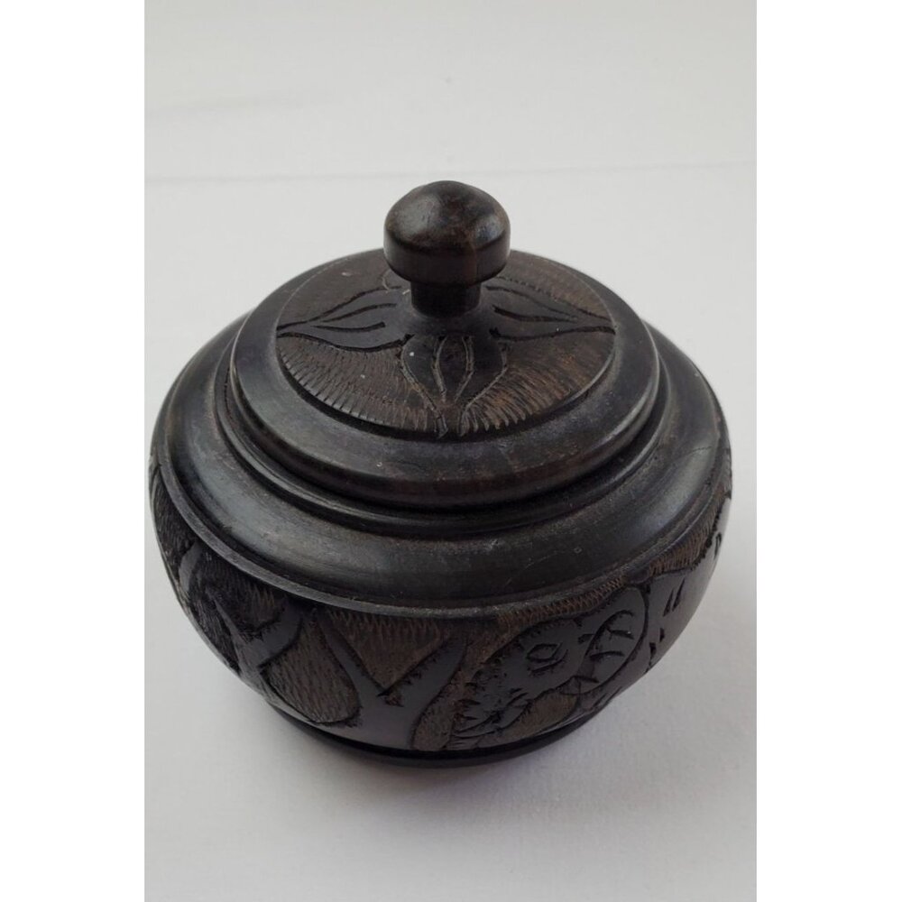 Vintage Africa Wooden Bowl Carved Round Elephants with Lid